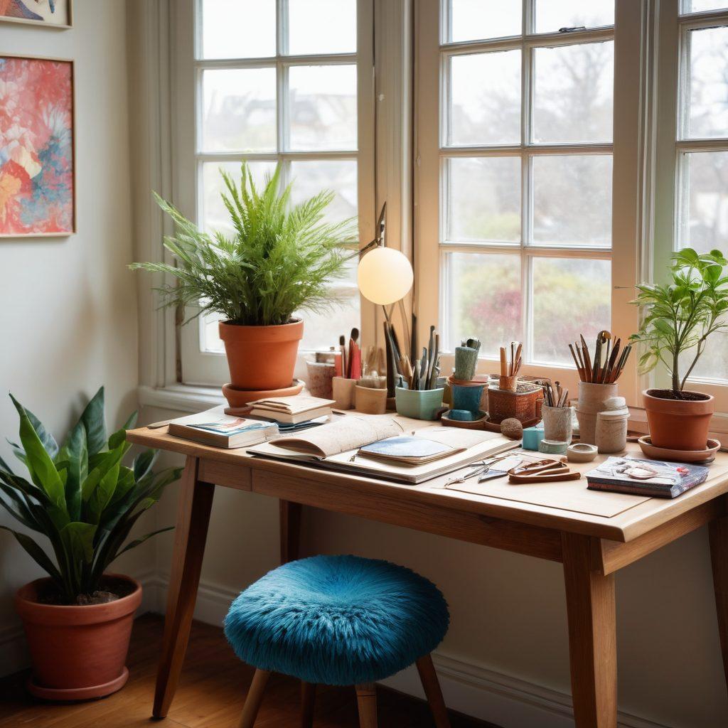 A beautifully arranged workspace featuring a stylish desk with elegant tools for creative crafting, surrounded by vibrant materials like fabrics, paints, and paper. Soft natural light streaming in through a large window highlights the creativity and elegance of the scene. Include a cozy chair adorned with pillows and a small plant for a touch of nature. The colors should be warm and inviting, emphasizing a personal touch in design. super-realistic. vibrant colors.