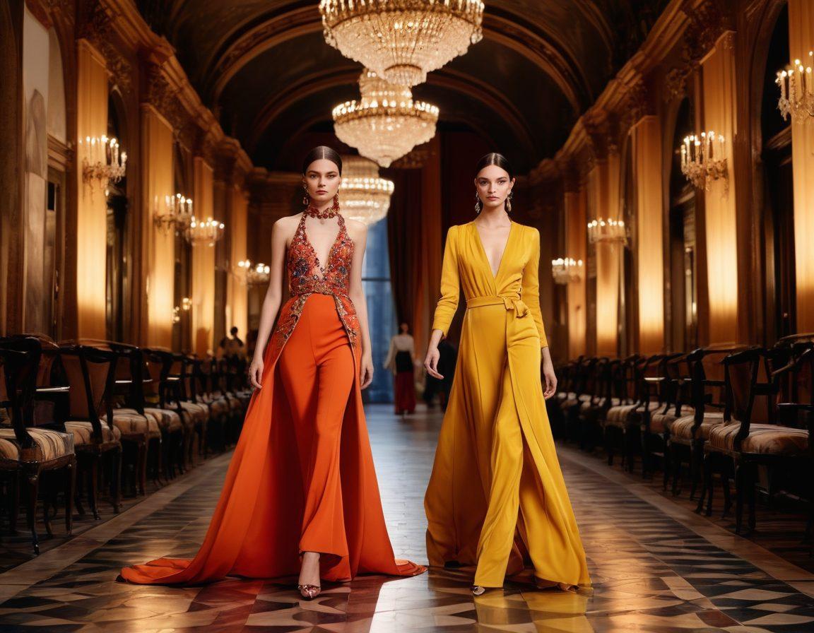 A stunning, split-scene image showcasing the transition from haute couture fashion on the left, featuring a glamorous runway model in an extravagant outfit, to everyday chic on the right, highlighting a stylish individual in a casual yet elegant ensemble. The background subtly blends iconic fashion landmarks like Paris and Milan, with soft lighting enhancing the elegance. Emphasize rich textures and vibrant colors to draw the viewer in. super-realistic. vibrant colors. elegant ambiance.